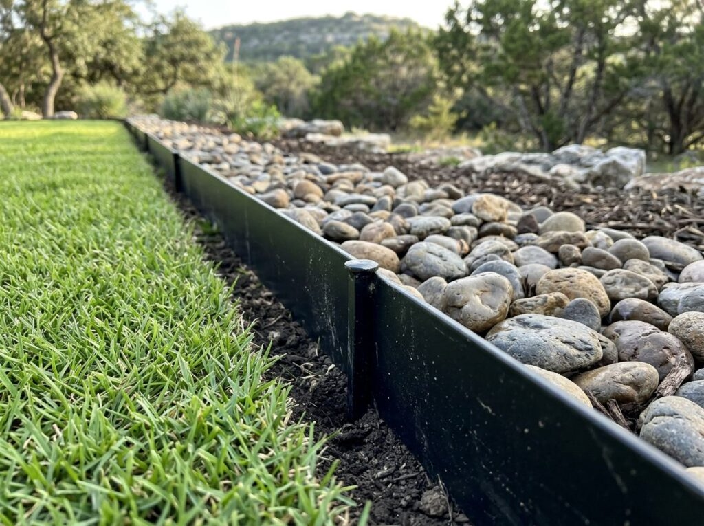 Steel Landscape Edging installed as a thin rust-brown steel border separating mulch from grass along a garden bed.