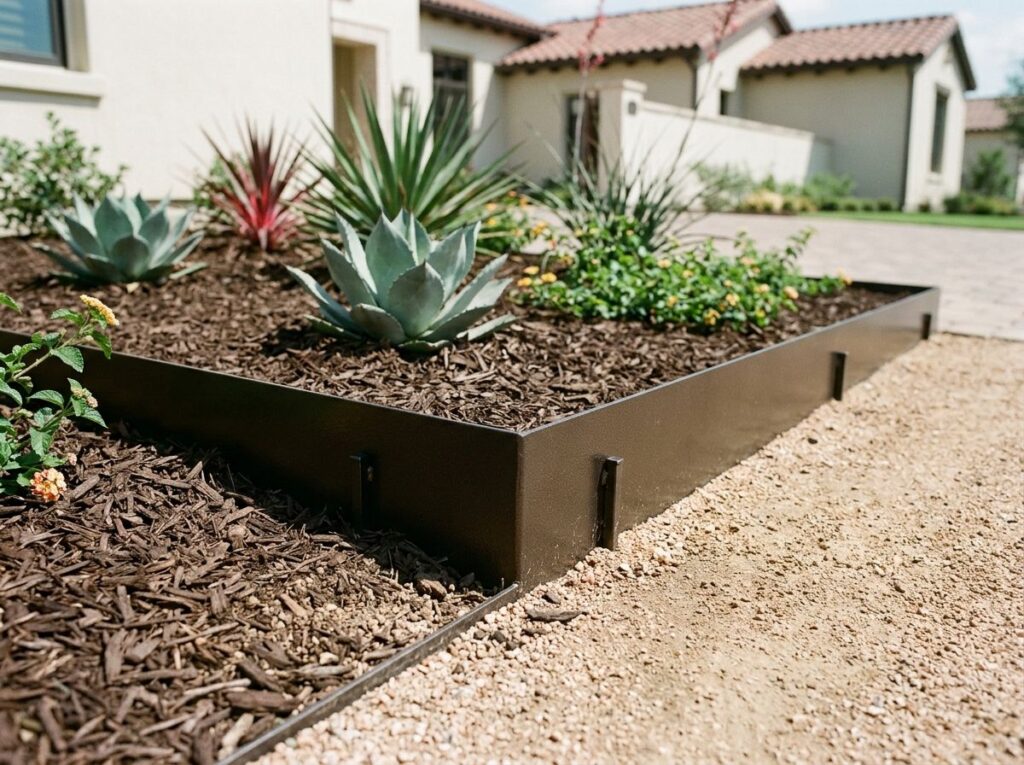 Steel Landscape Edging landscape edging installed as a thin steel border separating a mulch bed from a gravel path.