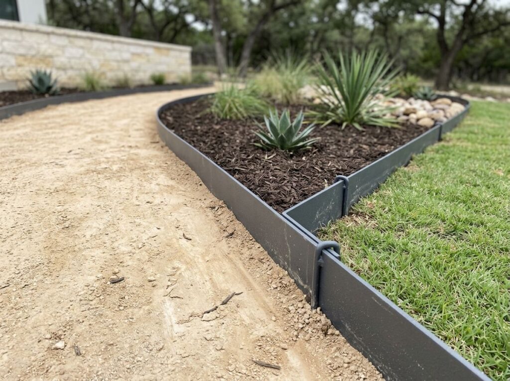 Steel Landscape Edging landscape edging installed as a clean steel border between mulch bed and lawn.