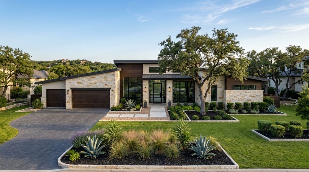 Stone Oak modern luxury home front yard landscape installation with polished stone walkway, lighting, and plants