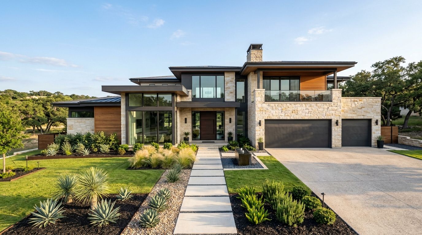 Modern luxury home front landscape installation with polished stone walkway, trimmed shrubs, and low-maintenance plants