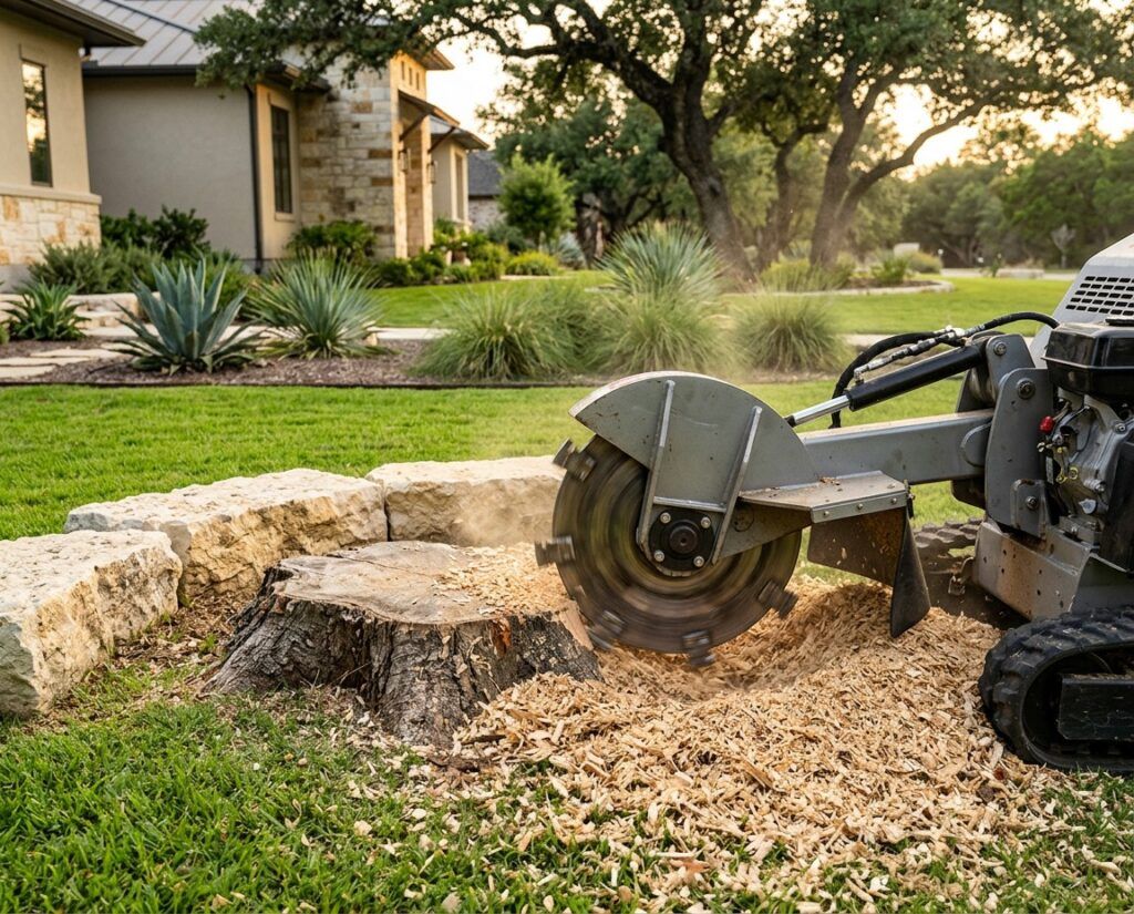 Close-up of stump grinding equipment reducing a tree stump to wood chips at a high-end Hill Country residence. Surrounding yard is clean and professionally maintained, with Texas native plants nearby.