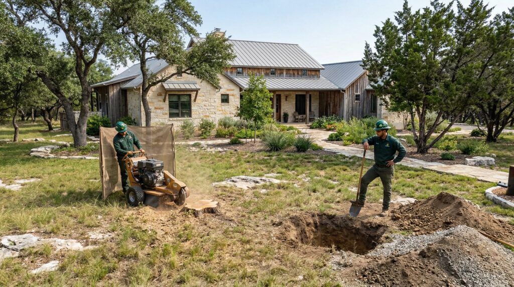 Luxury Hill Country home in San Antonio, Texas with a visible tree stump in the yard. One side shows stump grinding in progress with machinery, the other side shows an excavated stump hole from full removal. Native grass and limestone features.