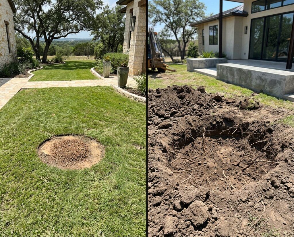 Side‑by‑side comparison of stump grinding and stump removal at a Hill Country home