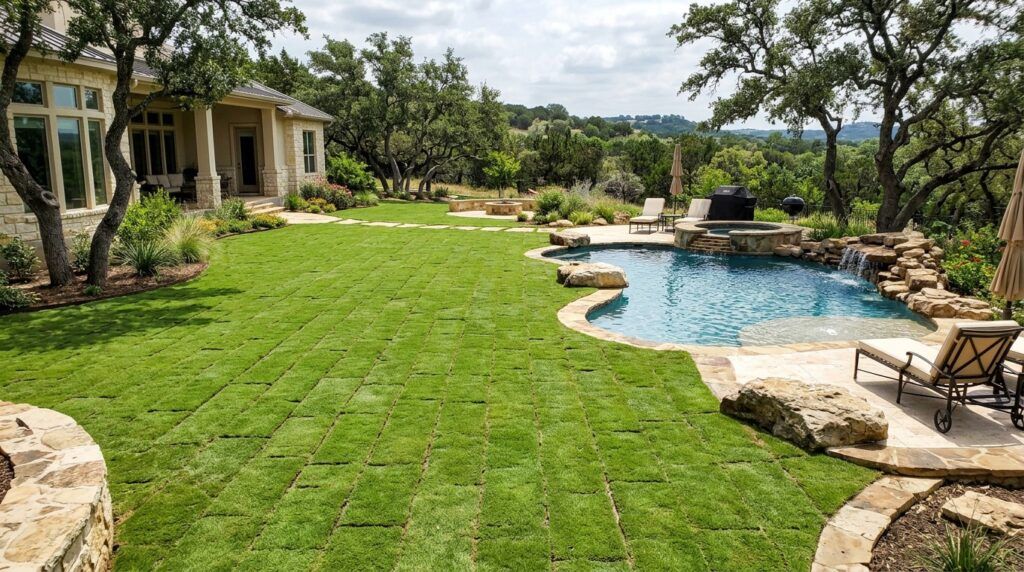 Texas Hill Country backyard artificial turfgrass installation, poolside lawn with natural rock and oak trees