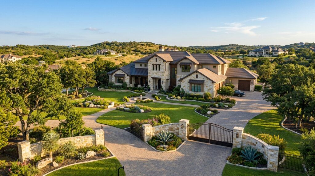 Luxury gated estate landscape installation with manicured lawn, stone walkway, and layered shrubs in The Dominion neighborhood