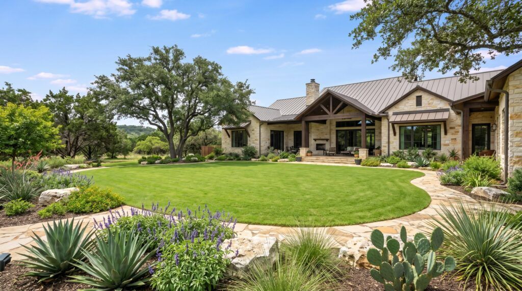 Traditional backyard landscape with open lawn, curved planting beds, classic shrubs and edging