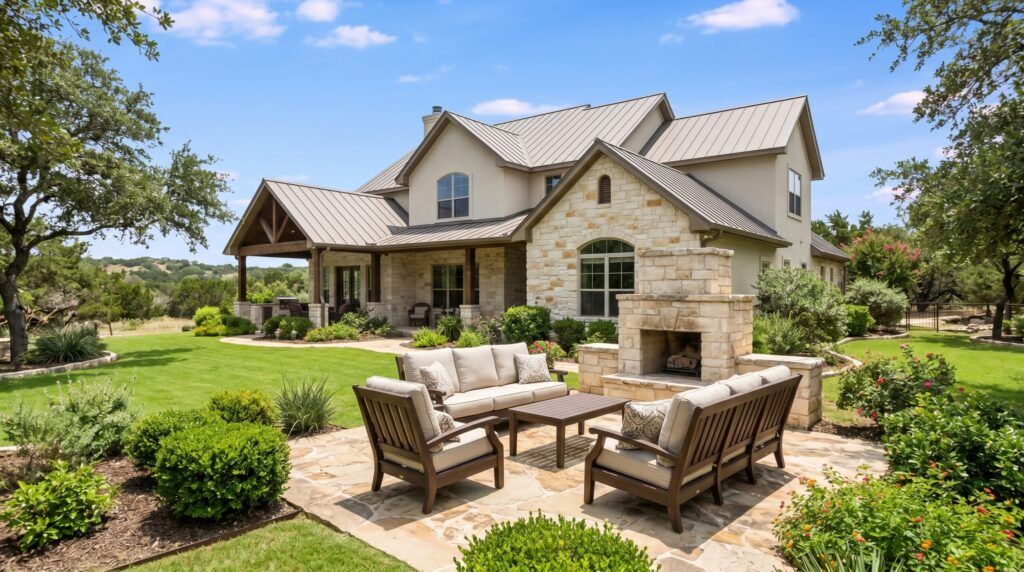 Traditional style backyard seating area with lawn, shrubs border, and patio chairs for outdoor relaxation