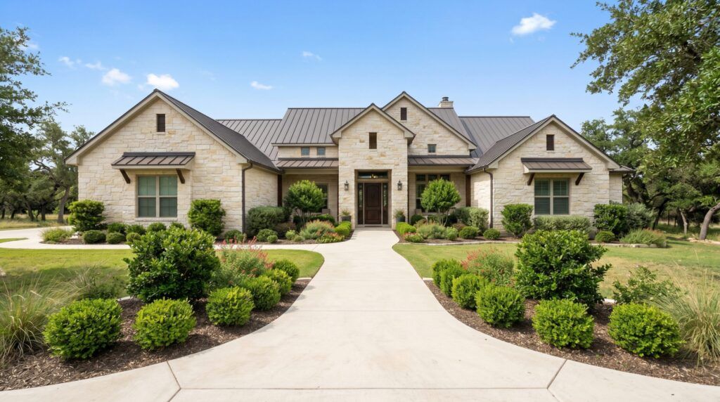 Traditional entry walkway with curved concrete path, neat foundation shrubs, mulch beds and front yard edging
