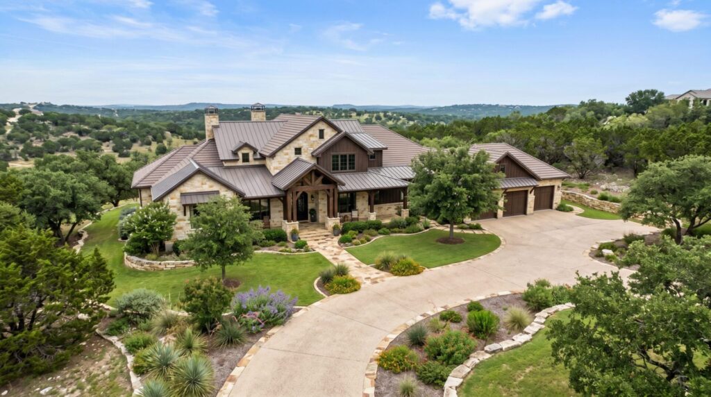 Traditional Front Yard Classic Layout with manicured lawn, symmetrical shrubs, flower beds and stone walkway