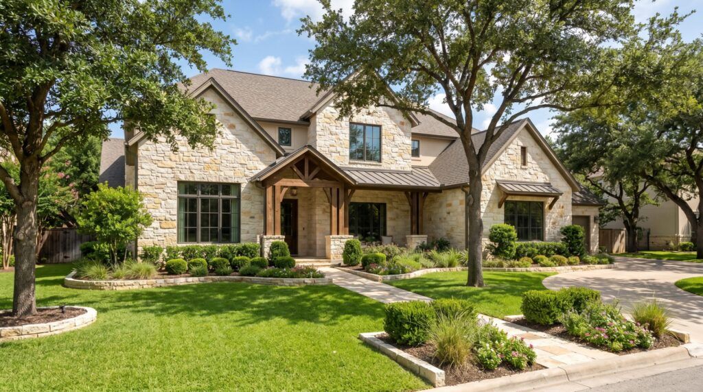 Traditional front yard landscape with balanced shrubs, stone edging borders, and mature shade trees