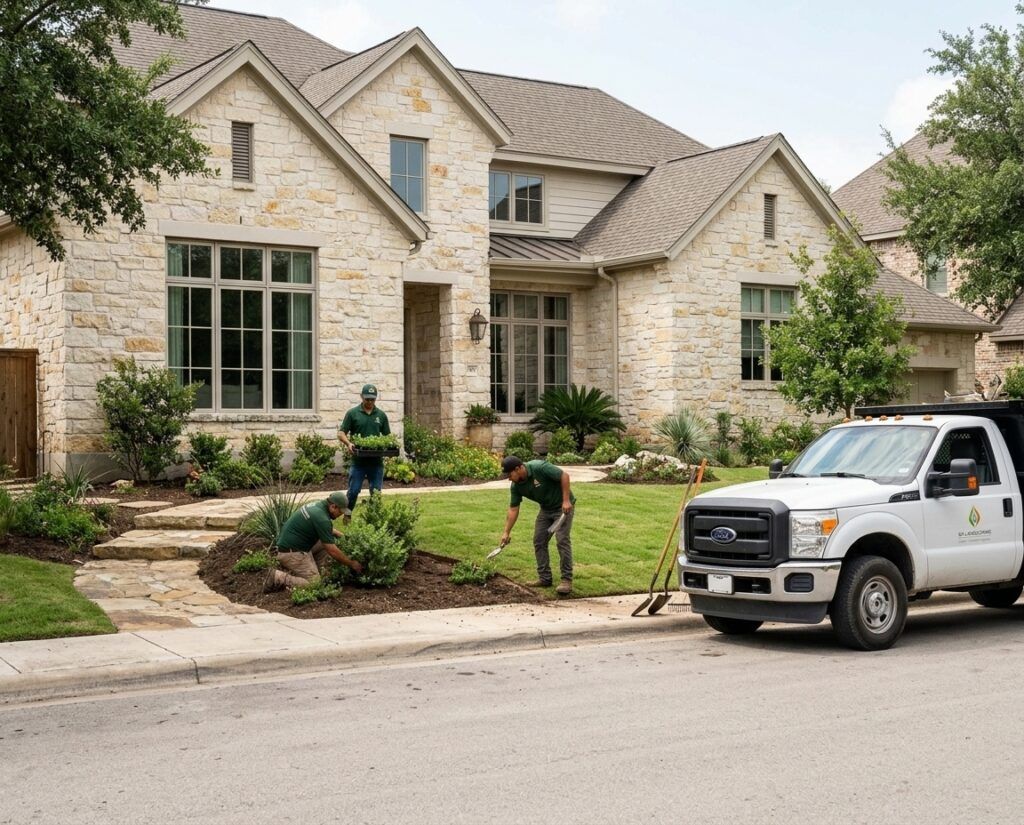 Landscapers do landscape installation, planting drought-tolerant xeriscape beds with stone edging at a limestone home.