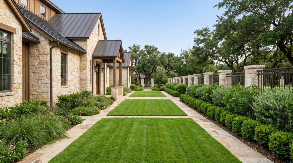 Traditional side yard landscape with lawn panels, shrub-lined fence, neat pathway planting.