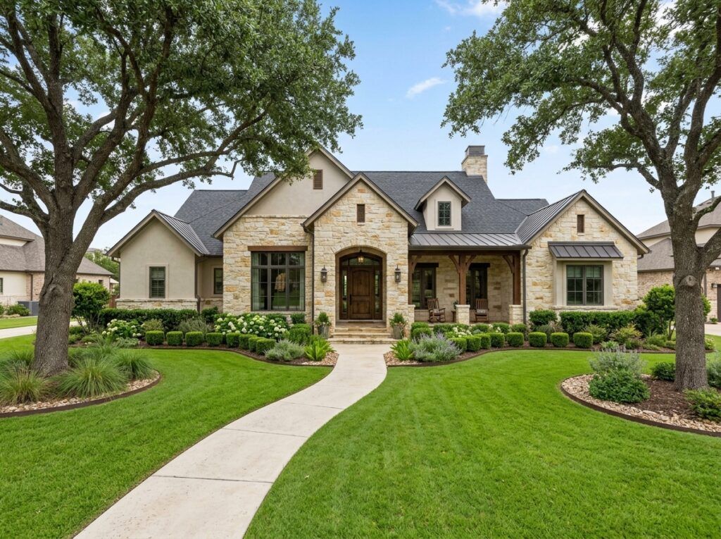After landscape design with xeriscape beds, stone edging, and drought-tolerant landscaping around home.