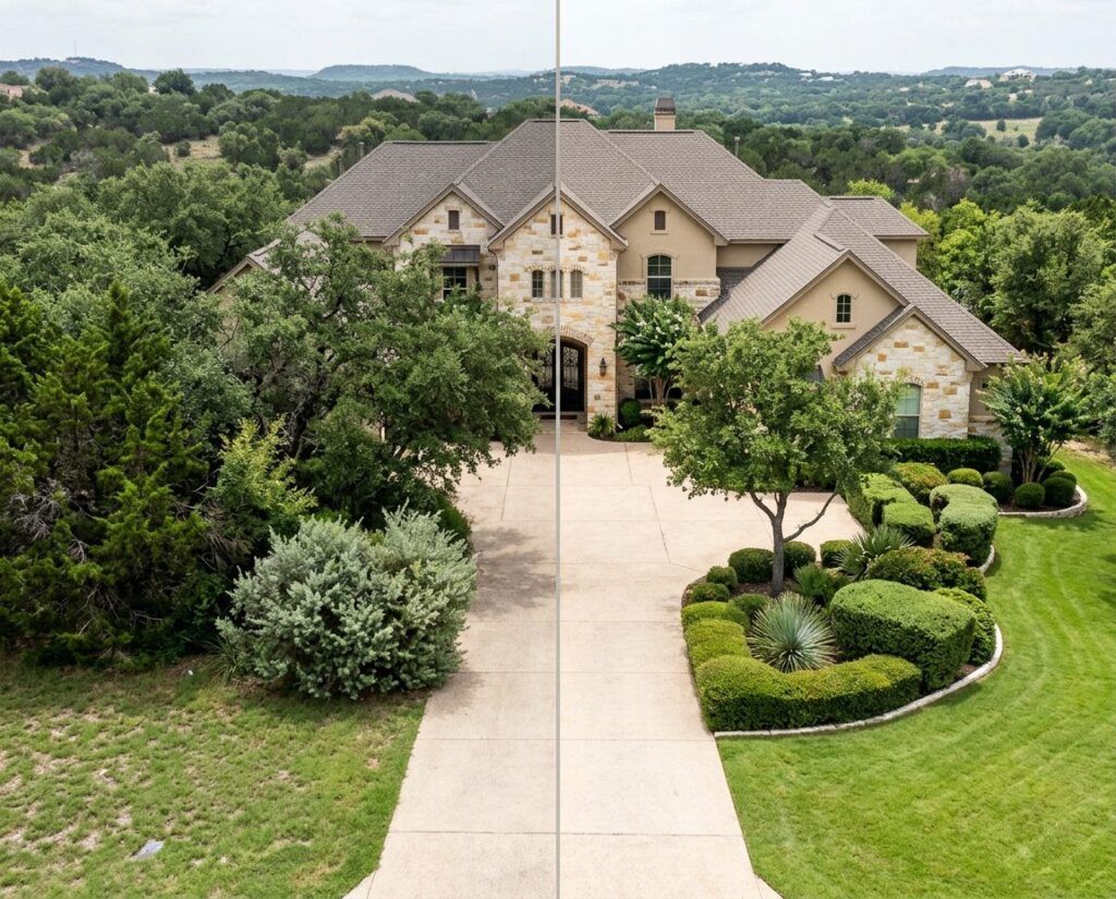 Before and after comparison of tree and shrub trimming at a Hill Country home