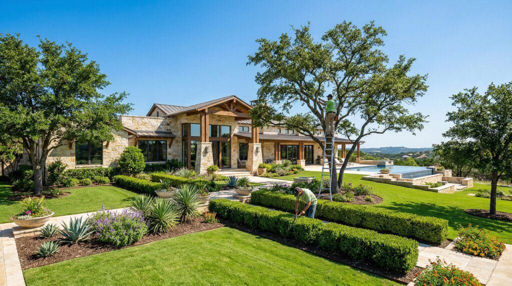 Luxury Hill Country home with manicured landscaping in San Antonio, Texas. Arborists trimming tree canopies and shaping shrubs around the home. Clean, balanced tree structure, trimmed hedges, and well-maintained beds with native plants under clear skies.