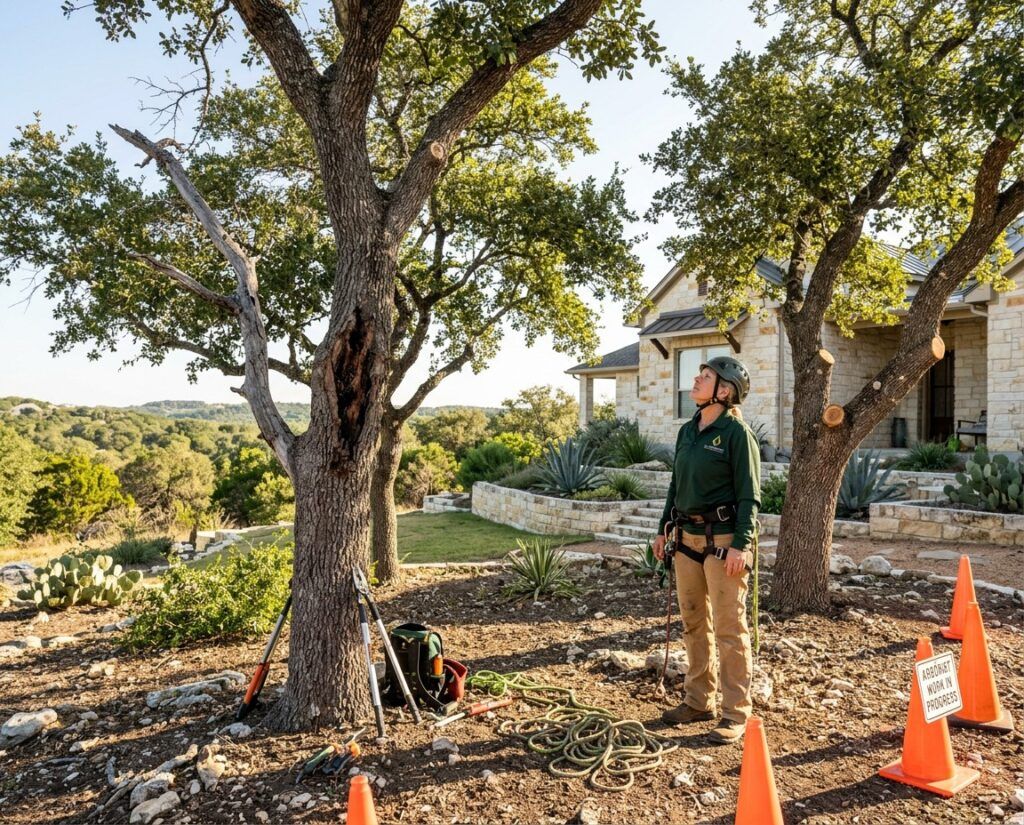 Arborists assessing whether trees need trimming or removal at a Hill Country home in Texas
