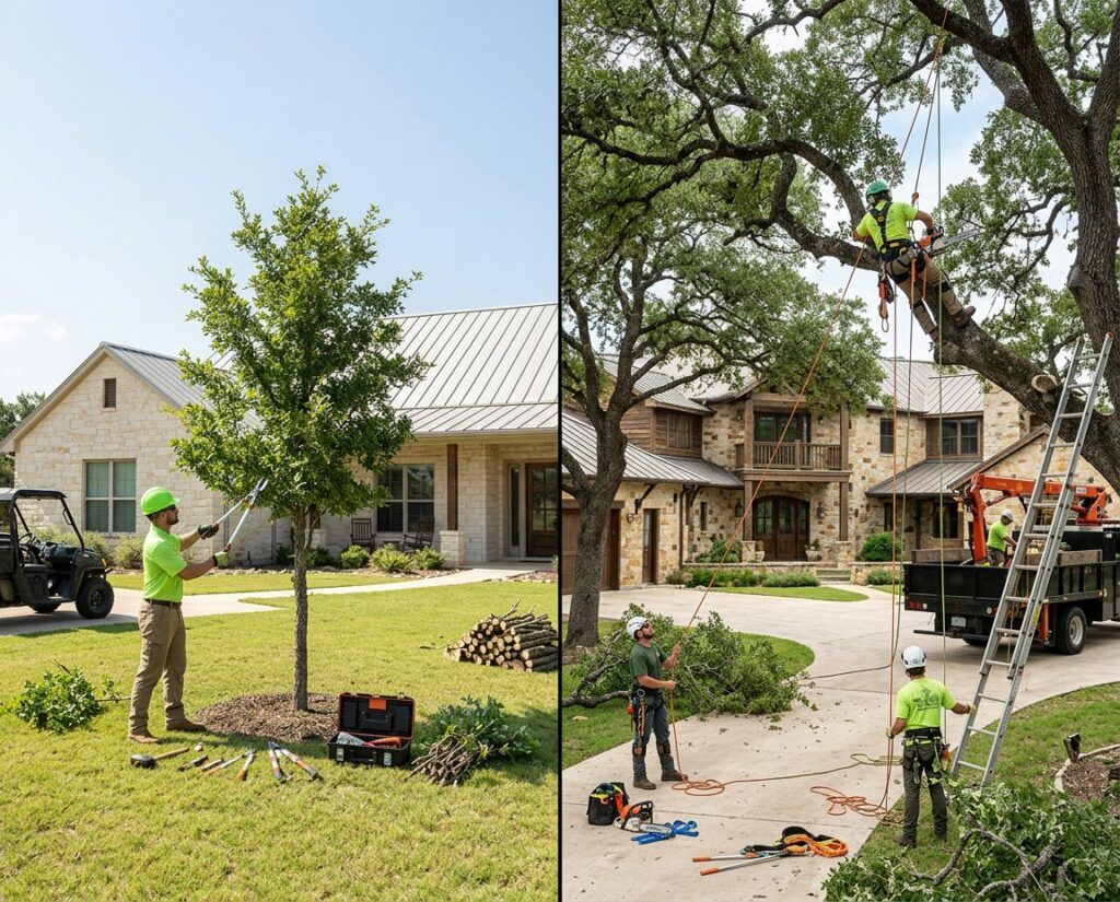 Comparison of simple versus complex tree trimming projects at a Hill Country home