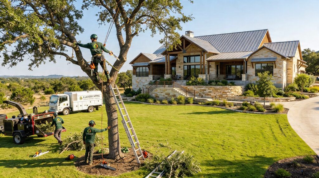 Wide view of a luxury Hill Country home in Helotes, Texas with professional tree trimming in progress. Arborists using ladders and climbing gear on mature oak trees. Well-kept lawn, limestone home, and natural Texas scenery in the background.