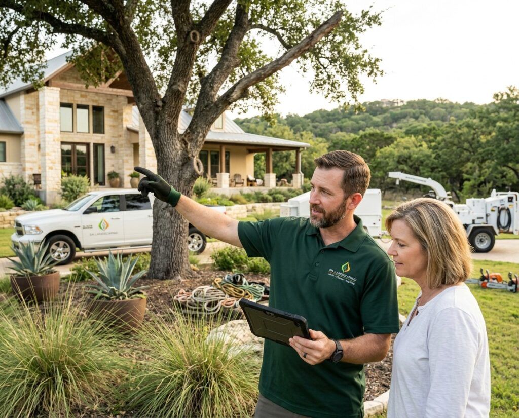 Arborist consulting with a homeowner in front of a high-end Hill Country house in San Antonio, Texas. They review a tablet or clipboard while looking