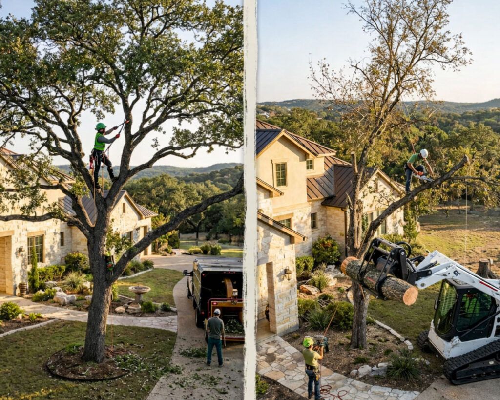 Side‑by‑side comparison of tree trimming versus tree removal at a Hill Country home