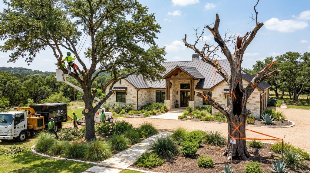Comparison of tree trimming and tree removal at a luxury Hill Country home in San Antonio, Texas