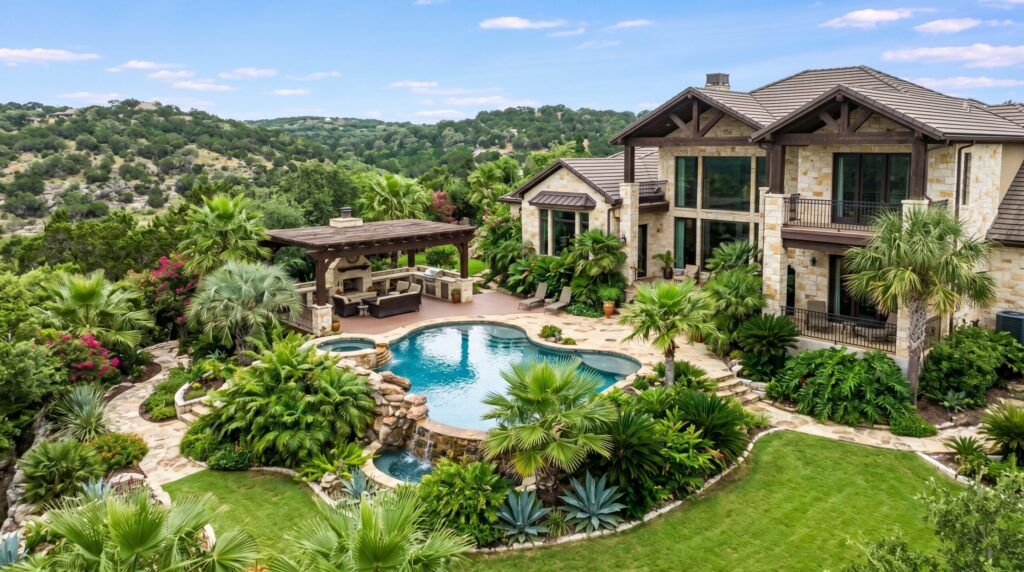 Tropical backyard landscape with palms, dense green foliage, and lush privacy planting around patio