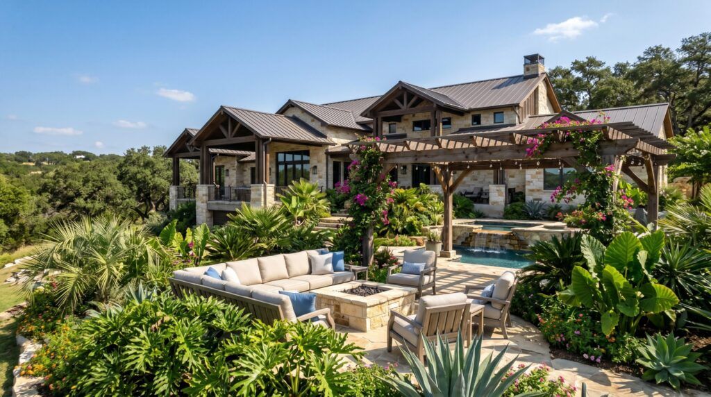 Tropical style backyard seating area with patio chairs, lush palms and dense green garden planting.