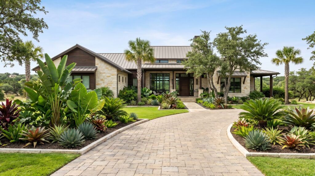 Tropical front yard landscape with bold foliage, palm accents, clean edging and modern mulch beds