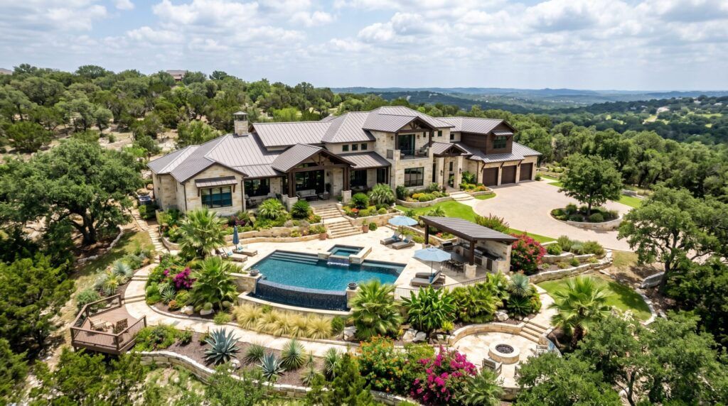 Tropical landscape layout with palms, lush shrubs, and curved garden beds in a slightly elevated view