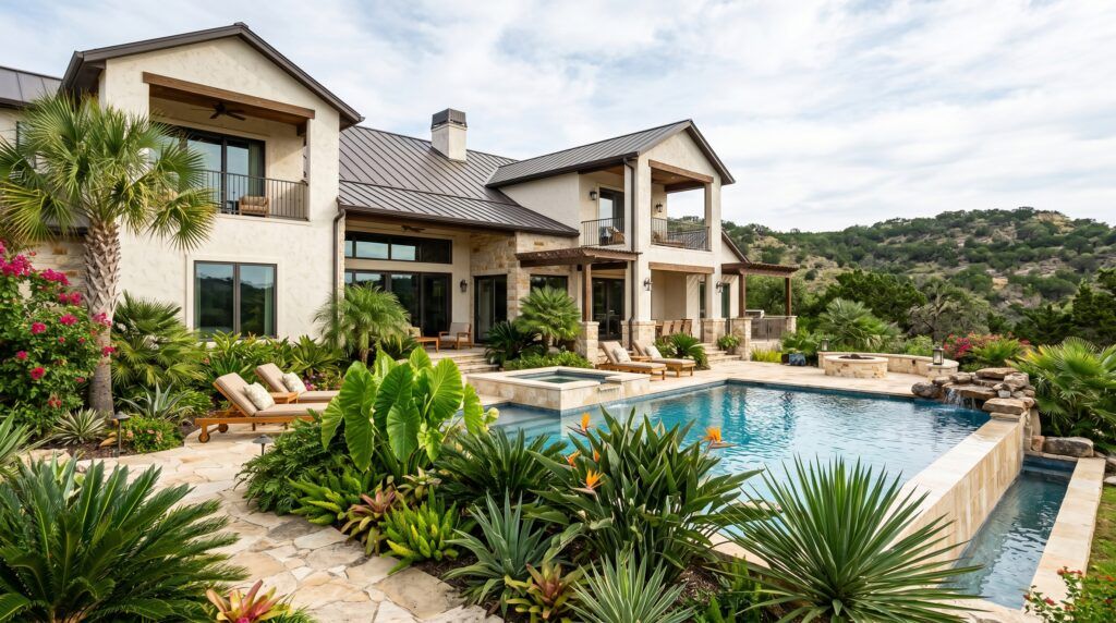 Tropical hill country landscape design with palms, stone edging, gravel xeriscape and drought-tolerant landscaping.