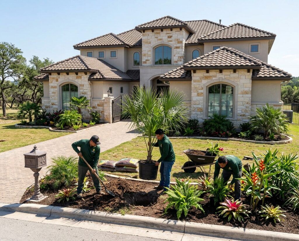 Landscapers set palm trees and stone edging in tropical landscape installation, blending Hill Country landscape design.