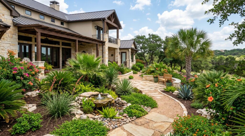Tropical side yard landscape with lush greenery, stone pathway, palms and ferns for a private garden walkway