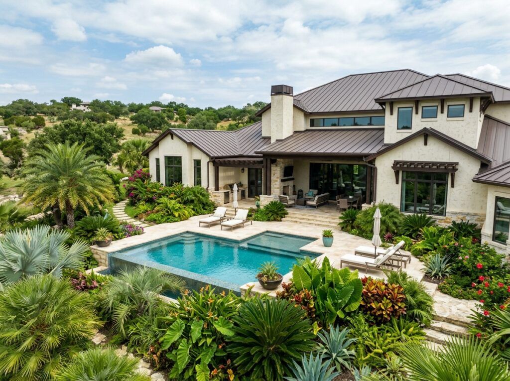 After tropical landscape design with xeriscape plants and drought-tolerant landscaping around home.