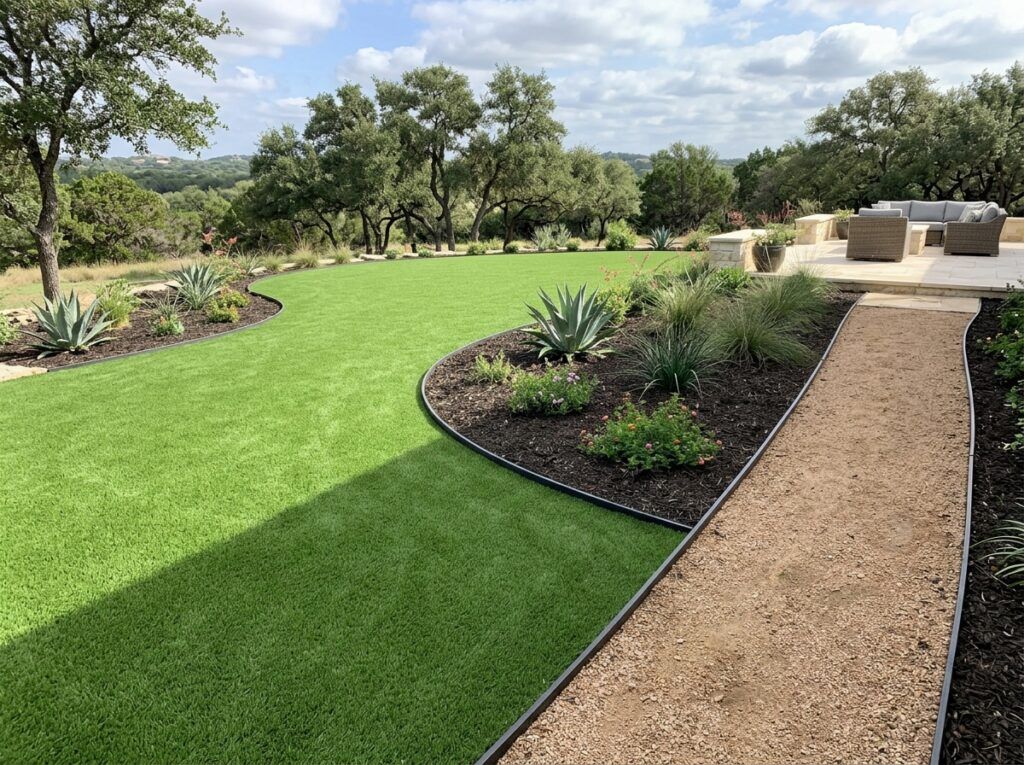 Turf Nailer Board Recycled Plastic Edging landscape edging installed along artificial turf edge, secured with spikes.