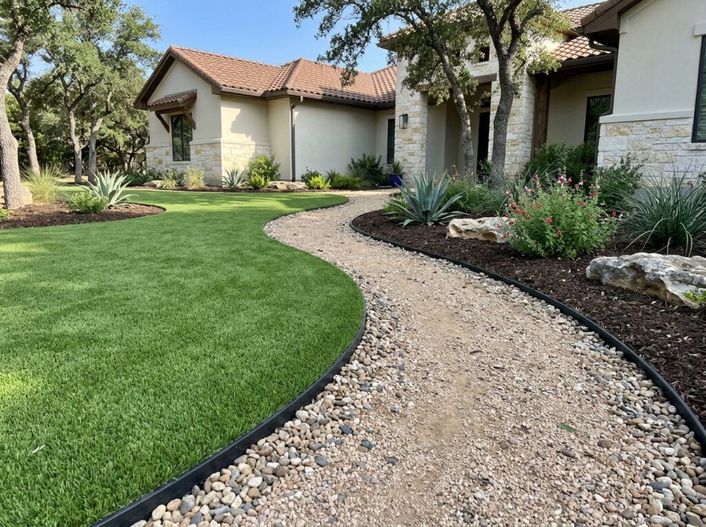 Turf Nailer Board Recycled Plastic Edging landscape edging installed along turf border with spikes into soil.