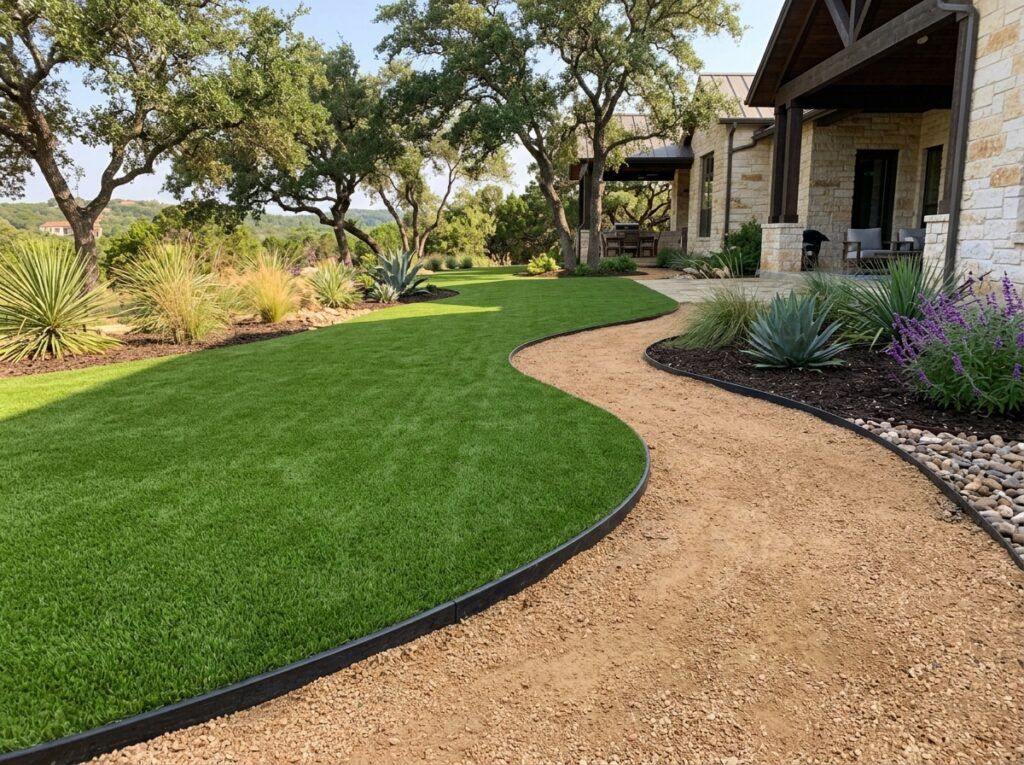 Turf Nailer Board Recycled Plastic Edging landscape edging installed along turf edge, black recycled plastic board.