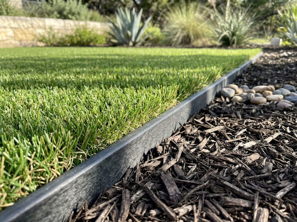 Turf Nailer Board Recycled Plastic Edging landscape edging installed along turf edge with black recycled plastic board.