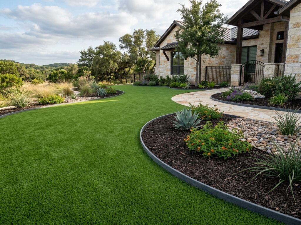 Turf Nailer Board Recycled Plastic Edging landscape edging installed at turf edge, black recycled plastic board.