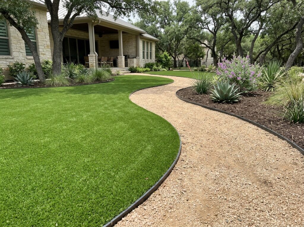 Turf Nailer Board Recycled Plastic Edging landscape edging installed as a black board border holding artificial turf.