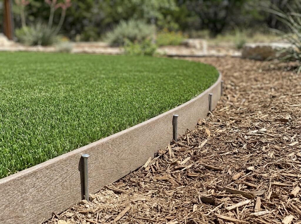 Turf Nailer Board landscape edging in recycled plastic, installed as a straight border along turf and soil.