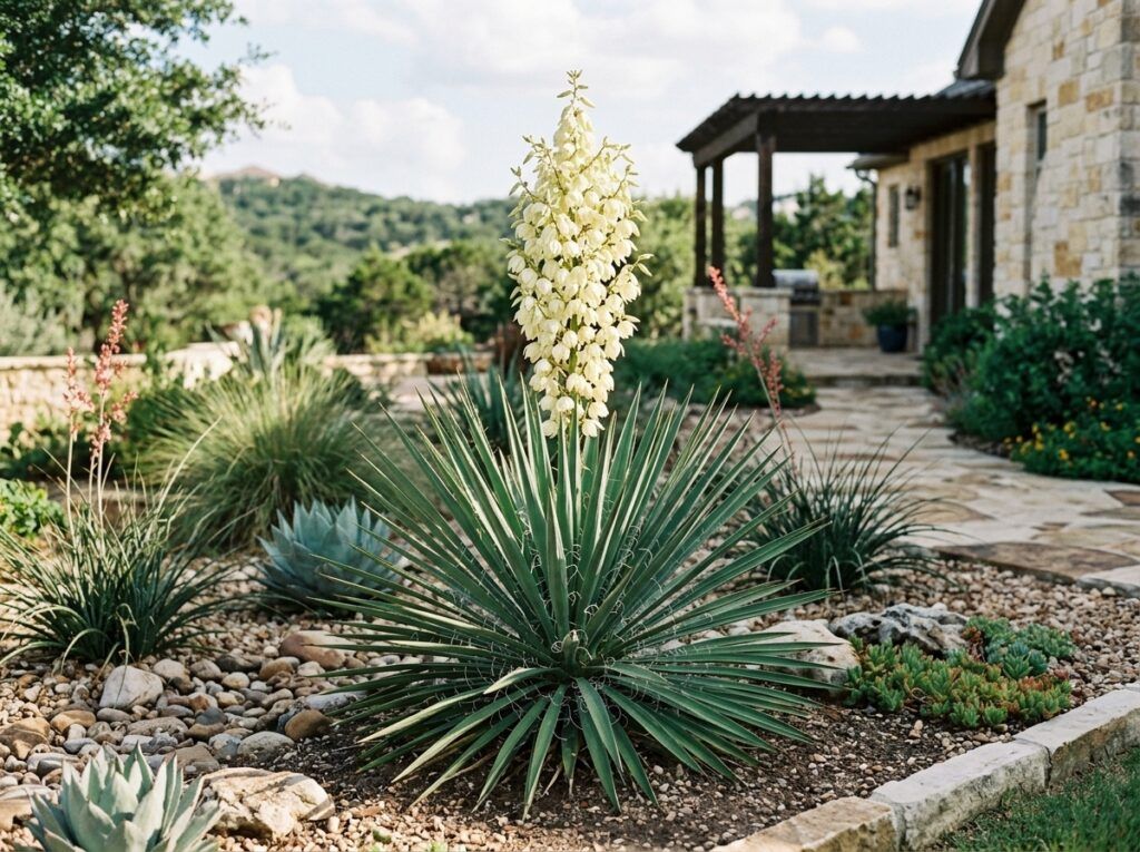 Adam's Needle yucca in a black nursery pot with stiff, sword-like green leaves.
