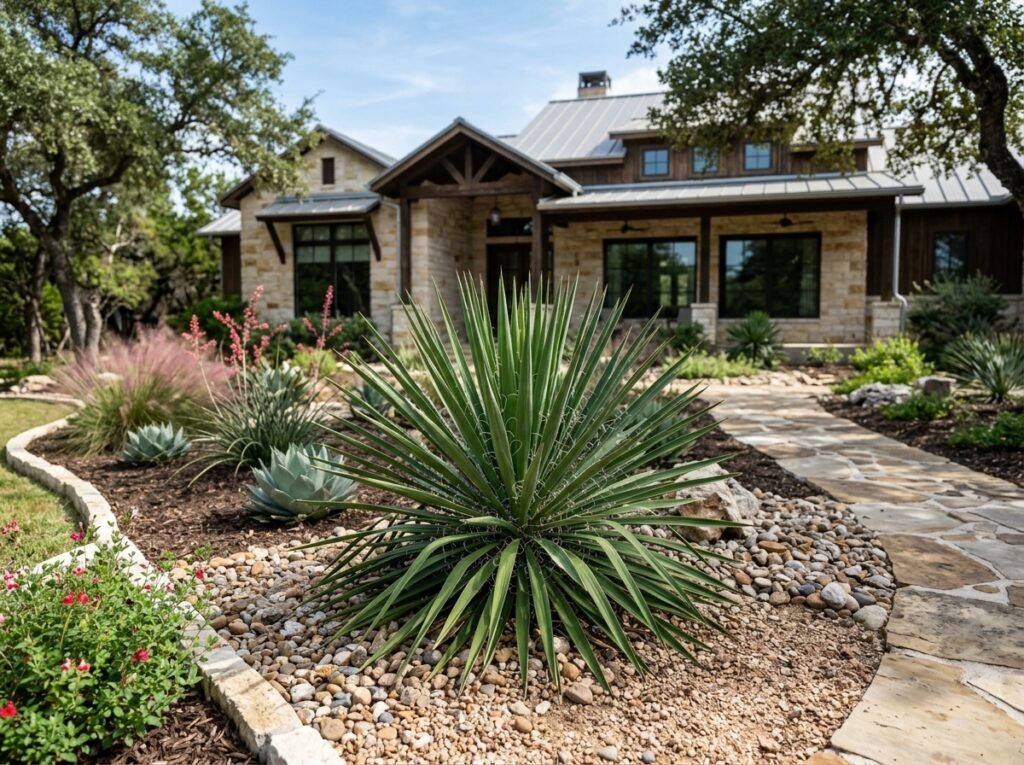 Adam's Needle yucca with a dense rosette of spiky blue-green leaves, shown as a mature plant in landscape.