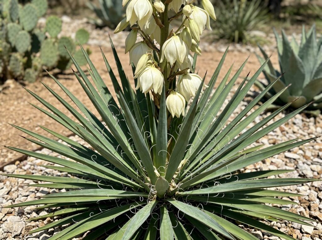 Adam's Needle yucca in a nursery pot, showing stiff blue-green swordlike leaves in a tight rosette.