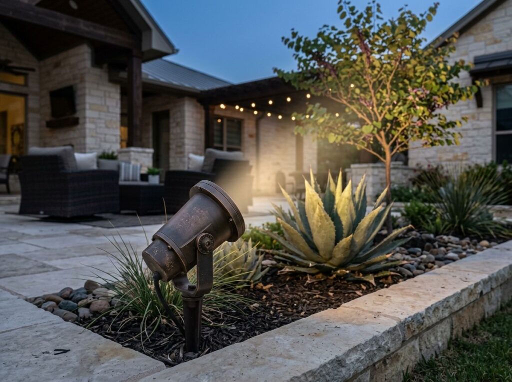 Adjustable Spot Light landscape lighting fixture in black finish with angled head directing beam upward.