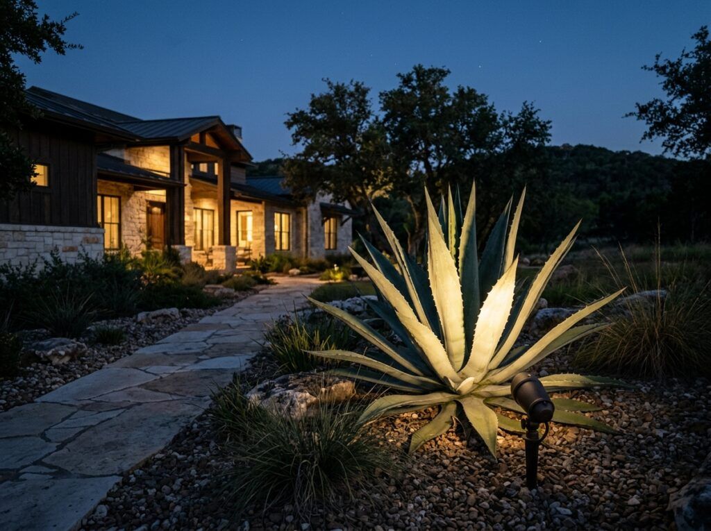 Adjustable Spot Light landscape lighting fixture on a ground stake, angled upward with a matte black finish.