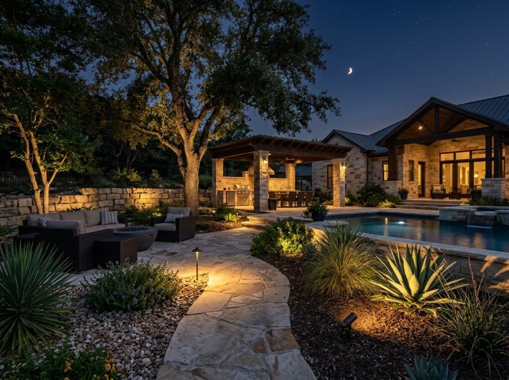 Adjustable Spot Light spotlight landscape lighting mounted in mulch, adjustable head aiming up at a tree trunk.