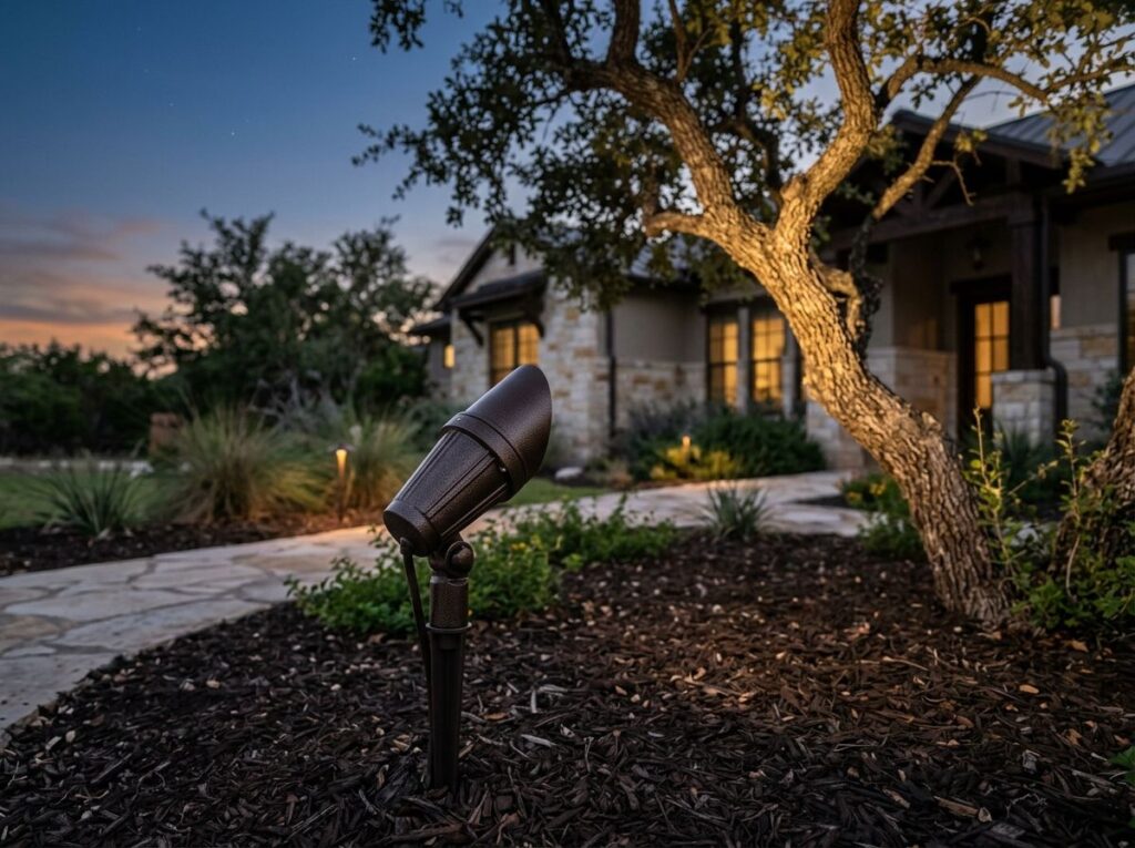 Adjustable Spot Light landscape lighting spotlight on a ground stake in black finish, angled upward to highlight features.