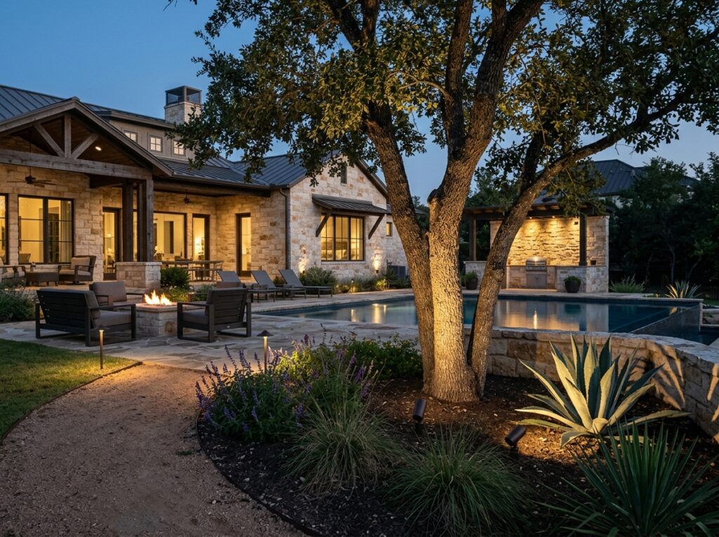 Adjustable Spot Light landscape lighting stake spotlight aimed upward along a garden path.