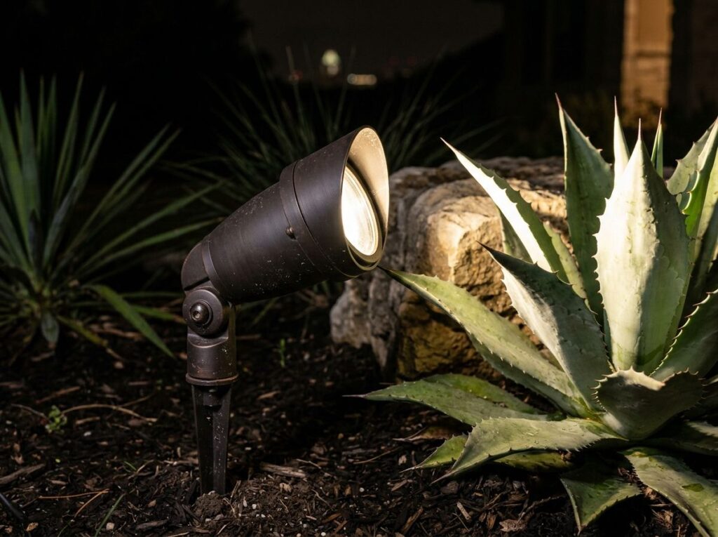 Adjustable Spot Light spotlight landscape lighting fixture on ground stake, matte black, aimed upward.